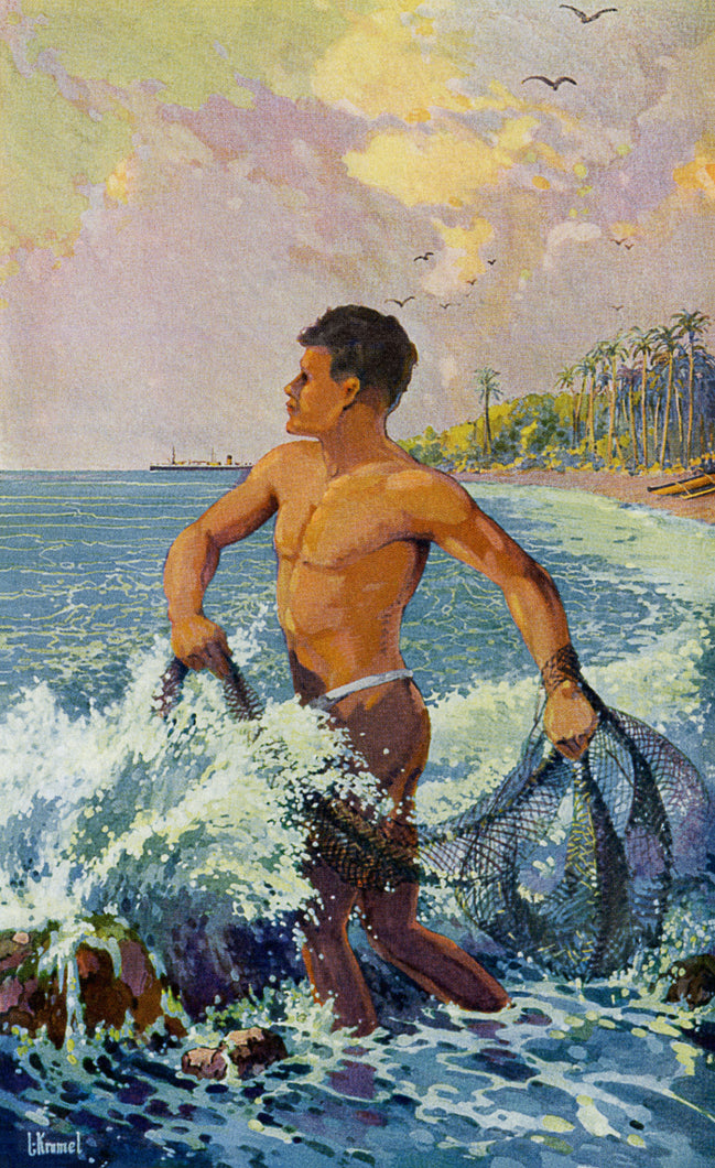 Man with fishing nets in a coastal scene with palm trees and a ship.
