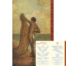 Load image into Gallery viewer, Vintage-style printed cocktail menu cover for the Royal Hawaiian Hotel, featuring an illustration of a man holding a net at the beach with a vertical title panel reading 'COCKTAILS Special' and a large inset menu page below.