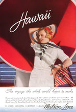 Load image into Gallery viewer, Matson Line cruise travel advertisement featuring woman in white dress, blue and white striped scarf, red, white and blue hat with red headband, and red, white and blue bag on arm, standing in front of a red circle. 