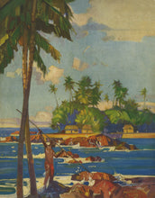 Load image into Gallery viewer, Tropical island scene with a man fishing, palm trees, and a clear blue sky.