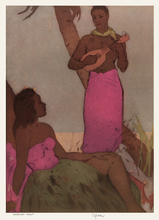 Load image into Gallery viewer, A man wearing a bold pink skirt-like wrap around his waist and legs and no shirt, plays the ukulele for a woman reclining on a tree trunk who is wearing the same bold pink color tube top and green grass skirt. 