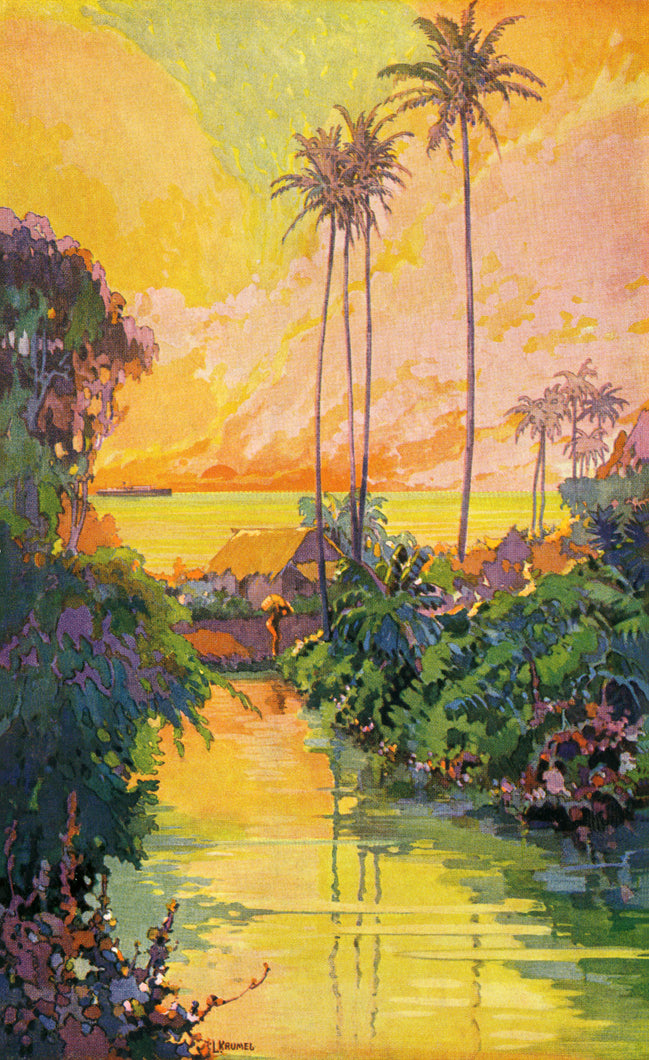 Tropical landscape with palm trees, a fishing pond, and a colorful sky.
