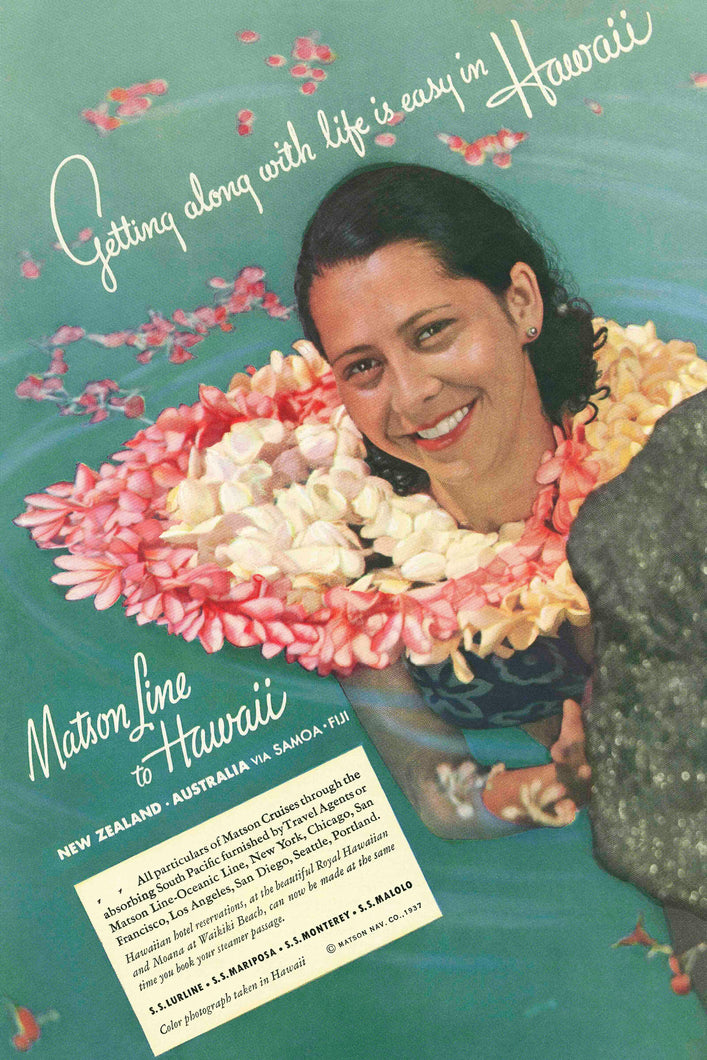 Full color advertisement for Matson Line to Hawaii featuring a woman with head above water wearing multiple lei.