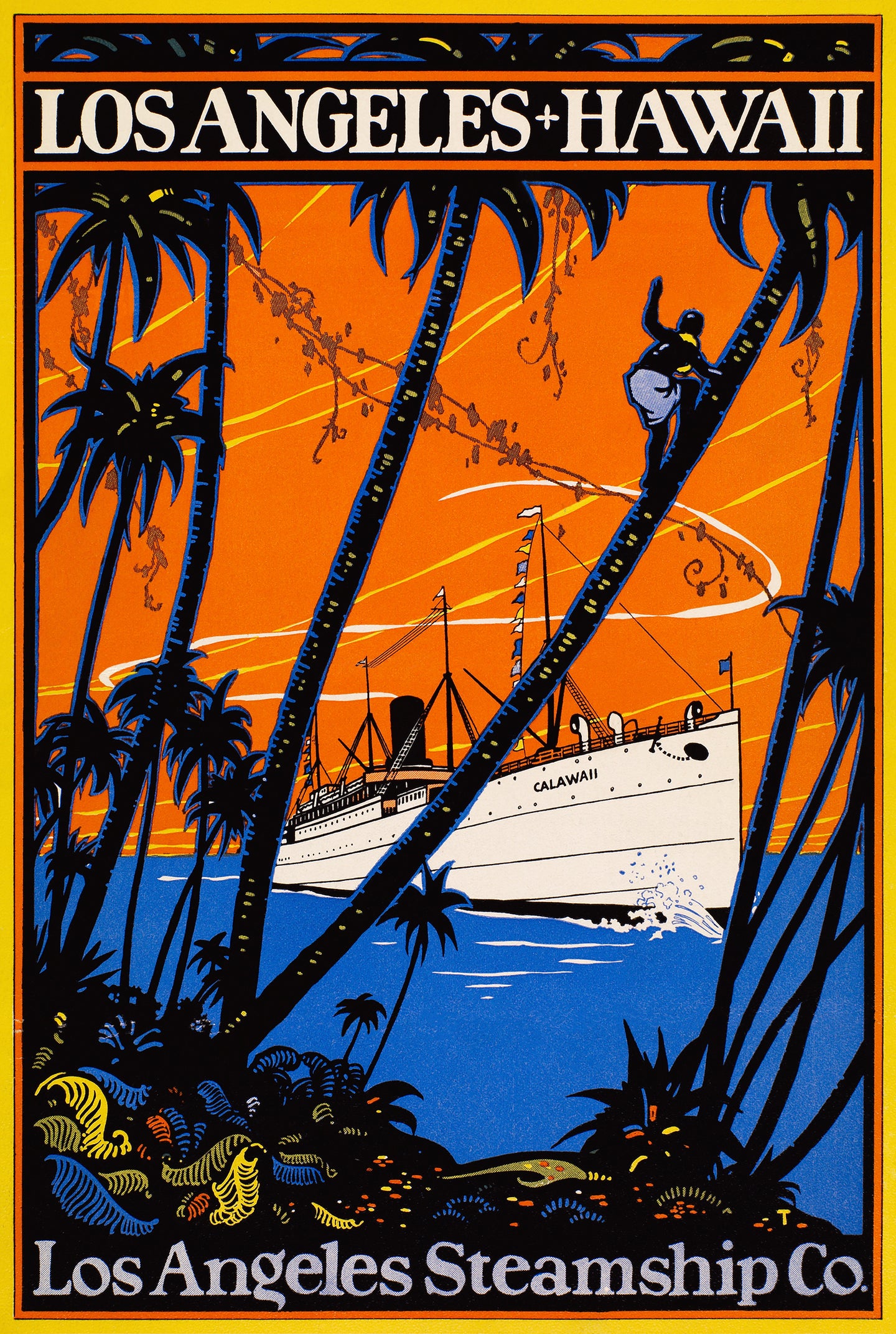 Vintage-style travel poster for Los Angeles to Hawaii featuring a ship and palm trees.