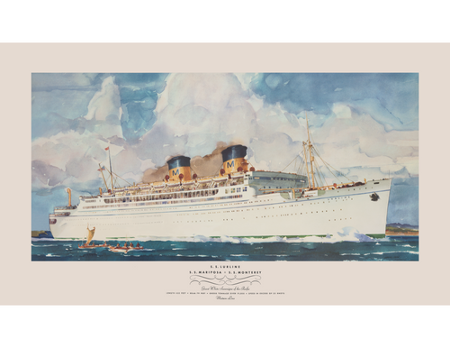 Watercolor art of the S.S. Lurline sailing on the ocean next to canoes with white border around it from artist Maurice Logan.