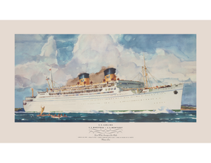 Watercolor painting of the S.S. Lurline cruise ship sailing on the ocean next to two outrigger canoes set against a cloudy sky. There is a border around the picture and text below the image detailing facts about the ship.