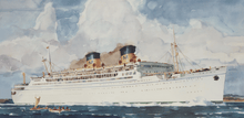 Load image into Gallery viewer, Watercolor painting of the S.S. Lurline sailing on the ocean and two outigger canoes at it&#39;s side, set against a cloudy sky.