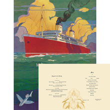 Load image into Gallery viewer, Vintage travel poster featuring a red ocean liner sailing through green water under yellow clouds, with a cream-colored menu overlaid at the bottom.