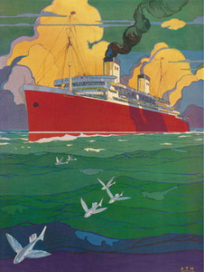 Colorful picture of a steamship with red hull on green and blue waters with silver flying fish swimming ahead of it.