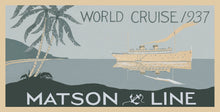 Load image into Gallery viewer, Vintage 1937 Matson Line world cruise poster featuring a stylized ocean liner at sea with palm trees in the foreground, rendered in art deco style with muted blues, greens, and cream tones.