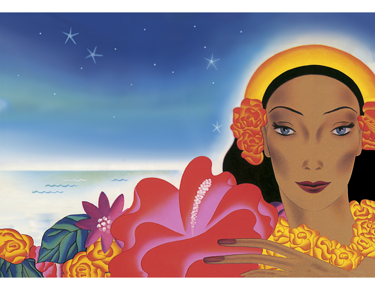 Bright colored artwork of a Hawaiian theme featuring a night sky with stars and the ocean to the left with flowers and a large red hibiscus flower in the middle. A Hawaiian woman wearing a lei and golden headband faces forward on the right.