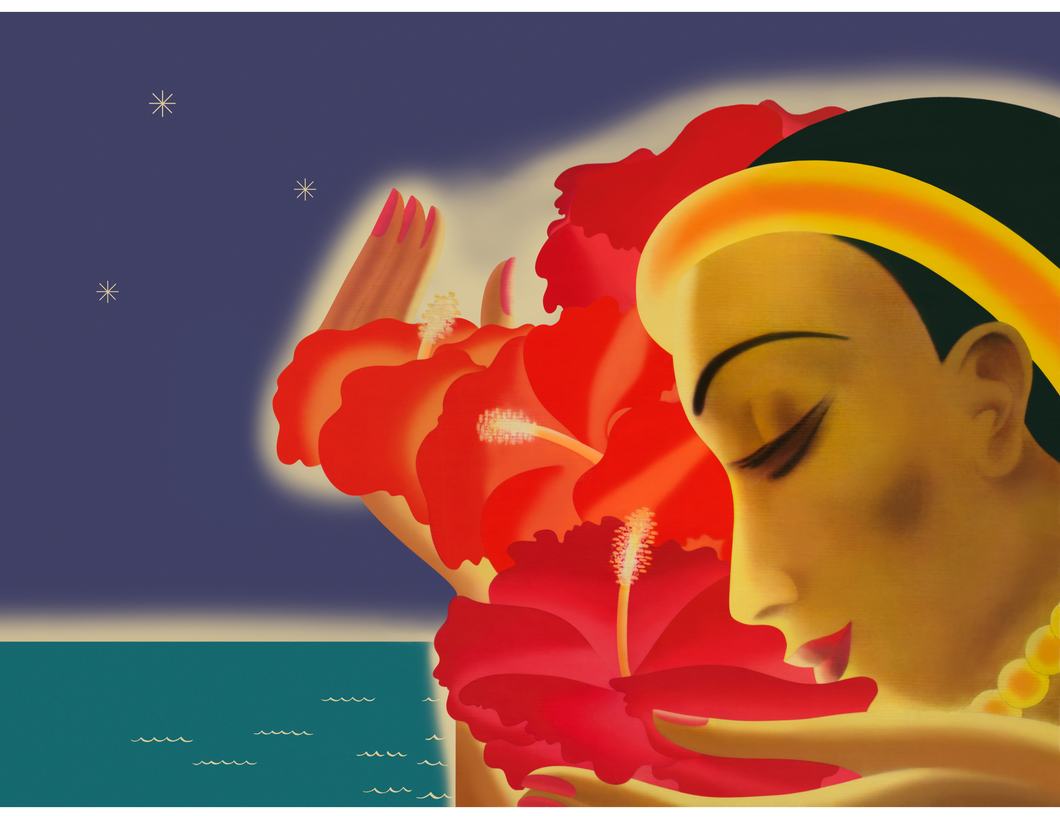 Vibrantly colored artwork featuring a night sky over the ocean on the left and the profile of a woman with black hair and golden headband holding multiple red hibiscus flowers.