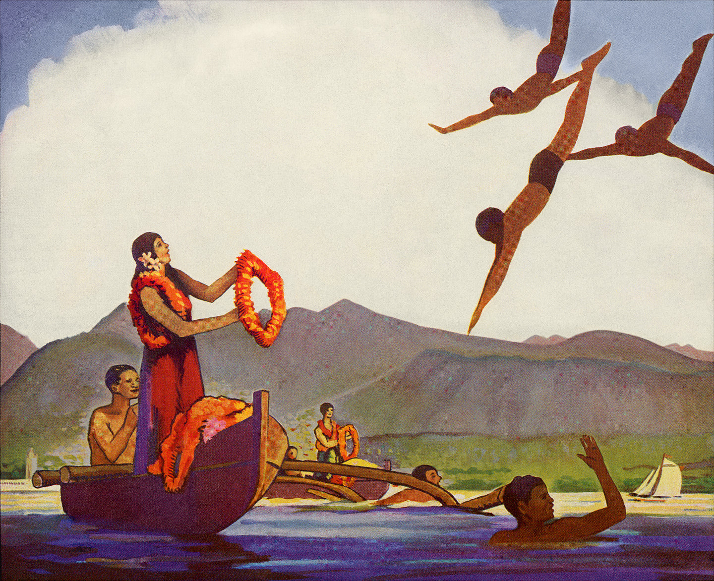 Vibrantly colored illustration depicting women standing in outrigger canoes offering lei while divers are coming down from the sky.