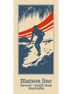 Illustration in blue and red of a surfer on a surfboard riding a wave. The text, Matson line, hawaii, south seas, australia, is under the graphic. Background is cream color.