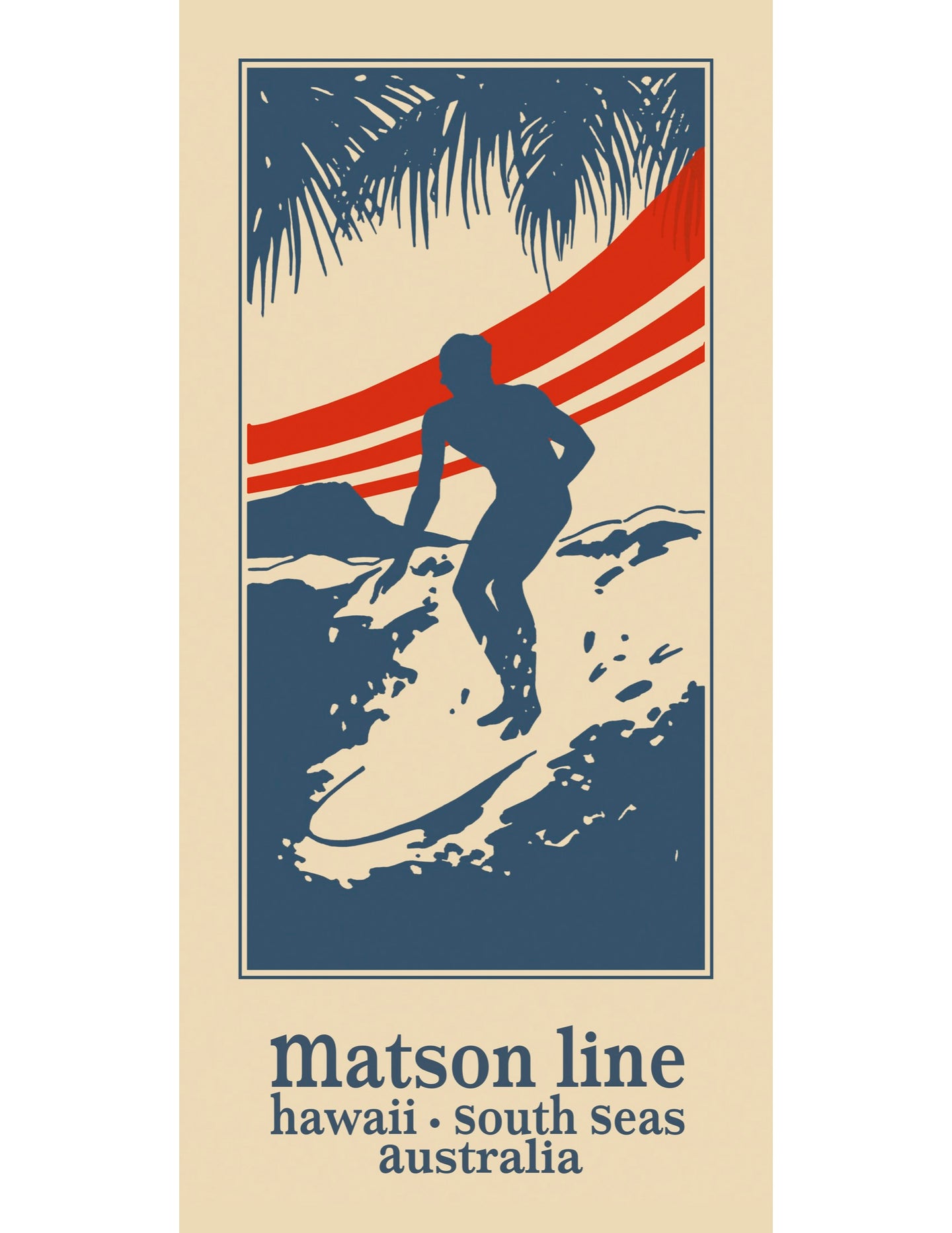 Illustration in blue and red of a surfer on a surfboard riding a wave. The text, Matson line, hawaii, south seas, australia, is under the graphic. Background is cream color.