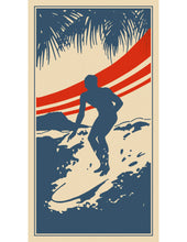 Load image into Gallery viewer, Full-page illustration of surfer on a surfboard riding a wave. Background is cream colored and illustration is blue and red.