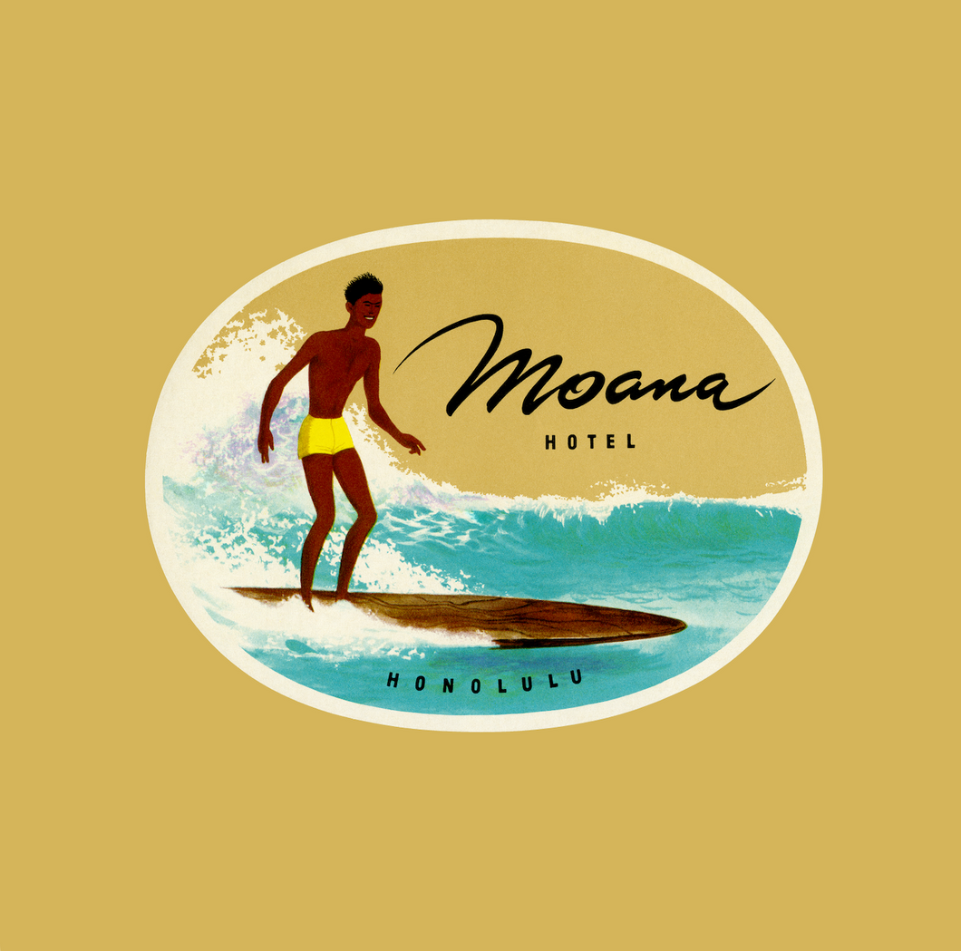 Oval graphic in color with the words Moana Hotel Honolulu and featuring a surfer on the water and a wave behind him set against a golden square background.