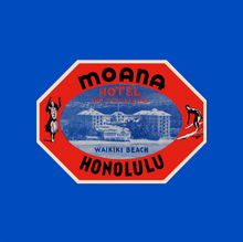 Load image into Gallery viewer, Bright orange octagon shaped tag with Moana Hotel and Bungalows, Waikiki Beach Honolulu written on it. There is a photograph in blue of the hotel and a hula dance on the left and surfer on the right. Graphic sits on a bright blue background.