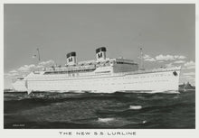 Load image into Gallery viewer, Black and white photo with a white border around the image of the ship Lurline sailing next to two canoes. The title &quot;The New S.S. Lurline&quot; is at the bottom. 