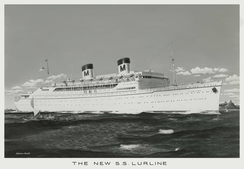 Black and white photo with a white border around the image of the ship Lurline sailing next to two canoes. The title 