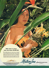 Load image into Gallery viewer, Full color photograph of Hawaii model, Tootsie Steer standing among bird of paradise tropical plants. Taken by Edward Steichen for Matson Line advertisement.