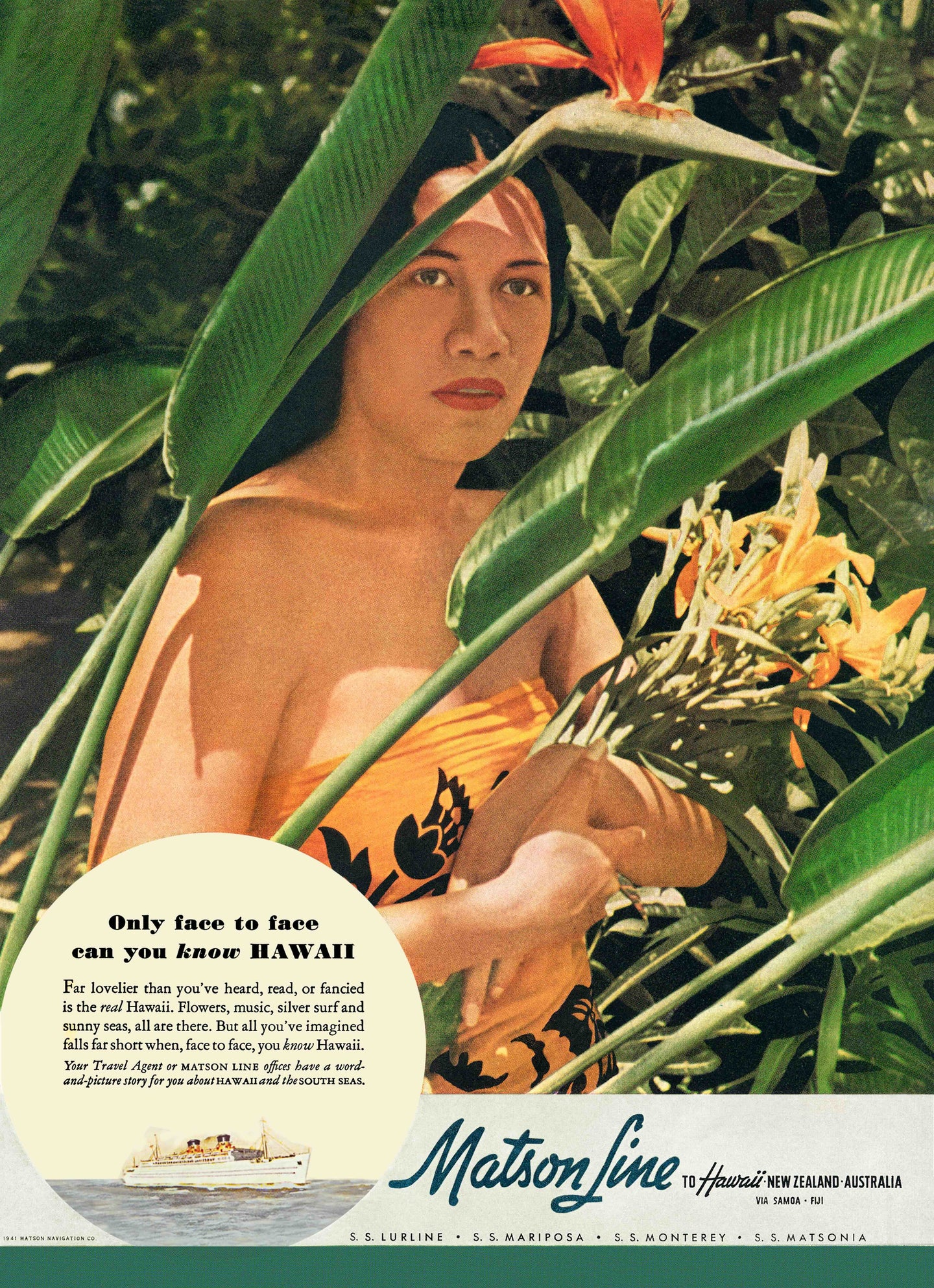 Full color photograph of Hawaii model, Tootsie Steer standing among bird of paradise tropical plants. Taken by Edward Steichen for Matson Line advertisement.