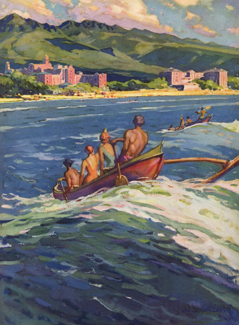 Colorful artist rendering of outriggers and paddlers on the waves facing Waikiki beach where the Royal Hawaiian and Moana Hotels are situated with green mountains behind them.