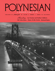 "Polynesian" Magazine heading on a vibrant coral red banner over a black and white photograph of San Francisco's Bay Bridge and the cityscape lighted up at night.