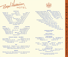 Load image into Gallery viewer, An image of an open Royal Hawaiian cocktail menu featuring and off-white background and blue text of the cocktail names prices and liquor names and prices across two pages.