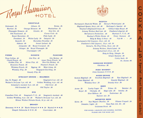 An image of an open Royal Hawaiian cocktail menu featuring and off-white background and blue text of the cocktail names prices and liquor names and prices across two pages.
