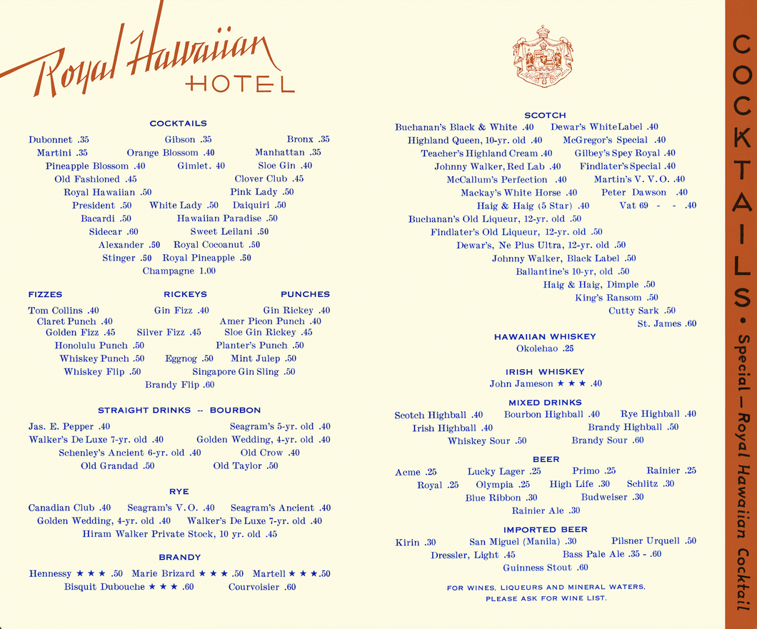 An image of an open Royal Hawaiian cocktail menu featuring and off-white background and blue text of the cocktail names prices and liquor names and prices across two pages.