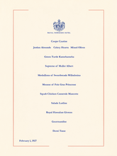 Load image into Gallery viewer, Menu featuring an off-white background and blue text of the menu items for the Royal Hawaiian Hotel.