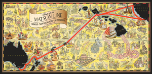 Colorfully illustrated picture map of Matson Line's 1930s route from the US to Hawaii to Australia and New Zealand.