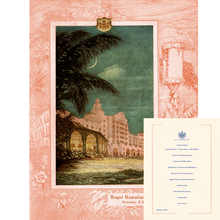 Load image into Gallery viewer, A vintage-style print featuring a tropical resort scene with a large hotel, palm tree, and crescent moon, printed in pink and teal tones. A smaller matching menu page is shown at the lower right on a white background.