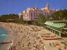Load image into Gallery viewer, Waikiki Beach scene with people, umbrellas, and the pink Royal Hawaiian hotel in the background.