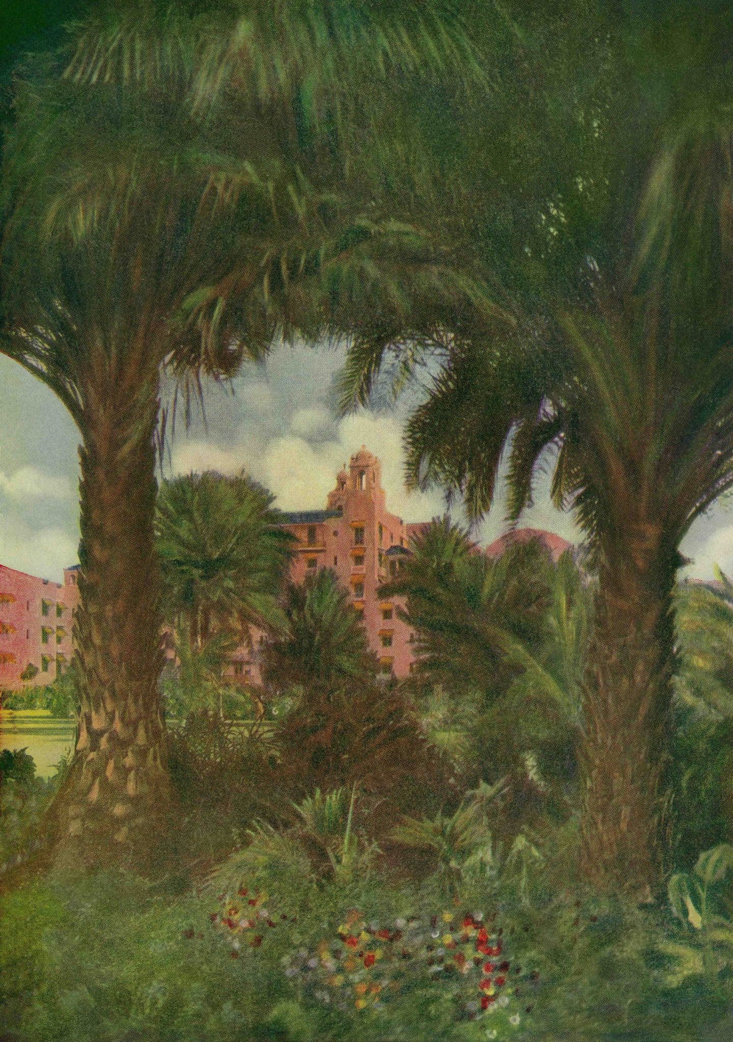 Colorful illustration of tropical plants and trees with a view of the pink Royal Hawaiian Hotel.