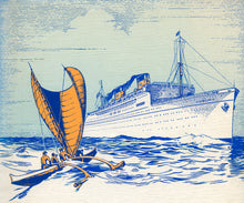Load image into Gallery viewer, Illustration in shades of blue, white, and orange featuring and outrigger sail canoe and paddlers heading toward a large white cruise ship on the ocean.