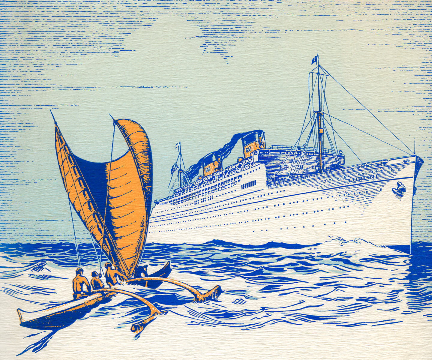 Illustration in shades of blue, white, and orange featuring and outrigger sail canoe and paddlers heading toward a large white cruise ship on the ocean.