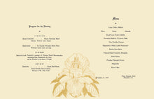 Load image into Gallery viewer, A vintage program page for the Hawaiian Band, featuring a program list on the left and a menu on the right, with a central gold illustration of a Hawaiian headband and flower crown on a cream background.