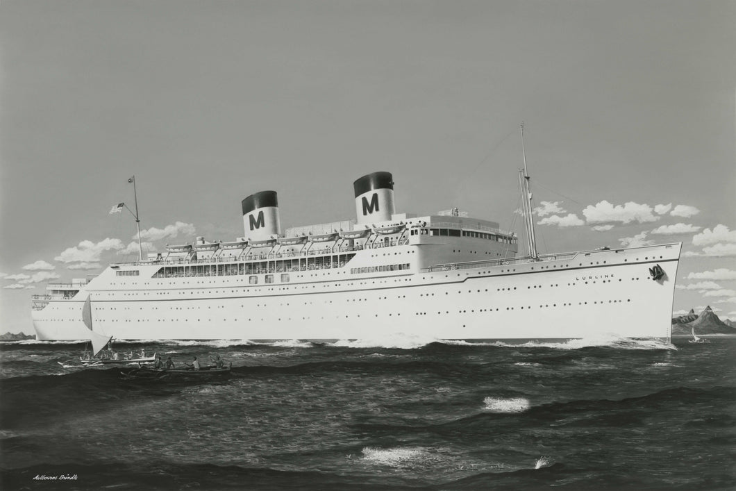 Black and white photo of the S.S. Lurline cruise ship sailing past two canoes from artist Melbourne Brindle.