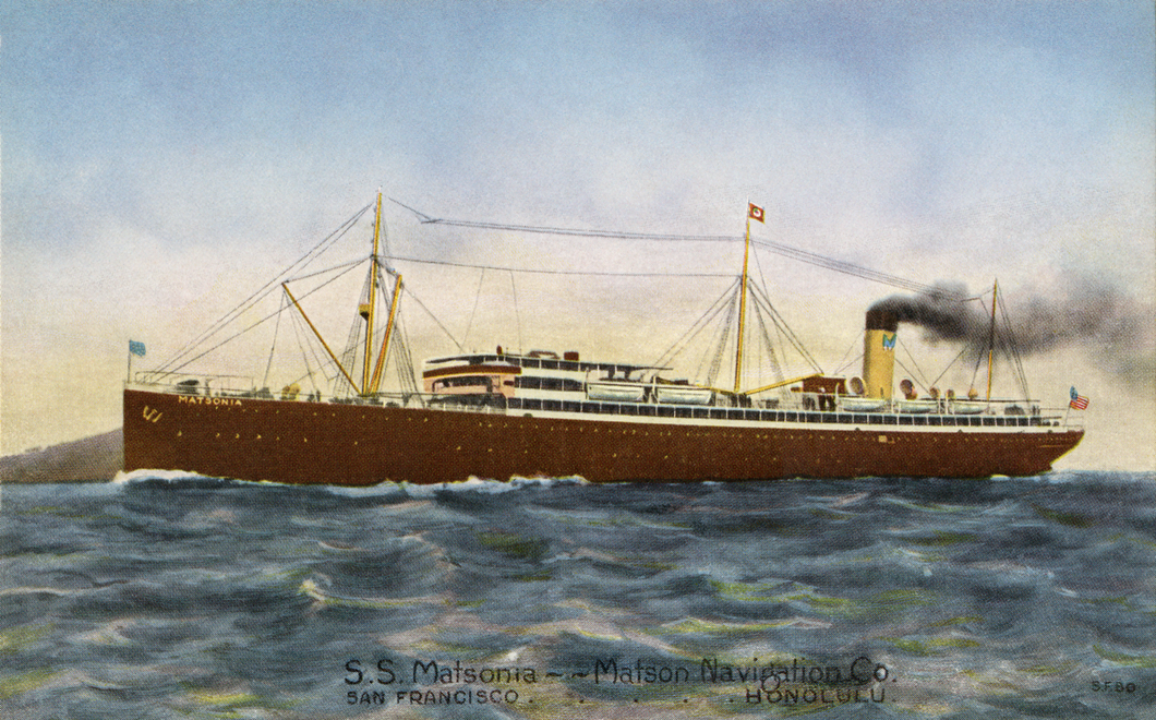 Color image of a postard featuring the S.S. Matsonia sailing on blue waters with clear skies overhead. 