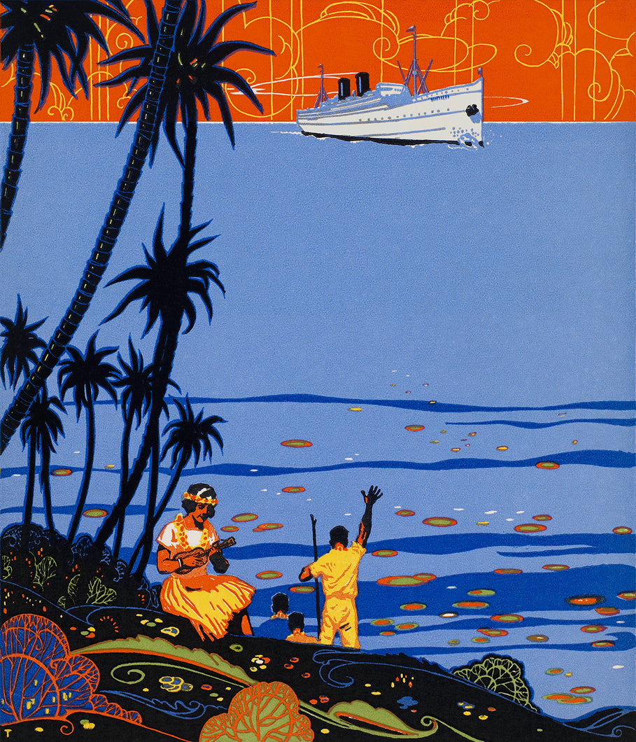 Bright, neon colored illustration in blues, orange, yellow, and black. Scene is of a white cruise ship on the water in the distance while a man waves to it form ashore. There are two people standing next to him and a woman in hula skirt plays the ukulele while sitting under palm trees.