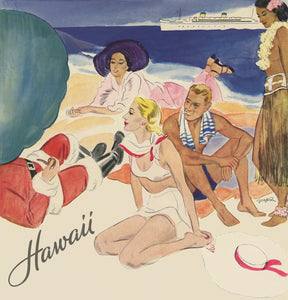 Colorful illustration of people lounging on the beach directing their attention to  someone in a santa suit and his head is covered by an umbrella. In the background is the S.S. Lurline on the ocean.