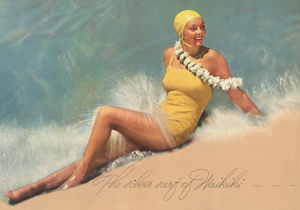 Color photograph of a woman in yellow swimsuit and yellow bathing cap reclining on a beach with the water behind her and the sand in front. "The silver surf of Waikiki" is written in script at the bottom.