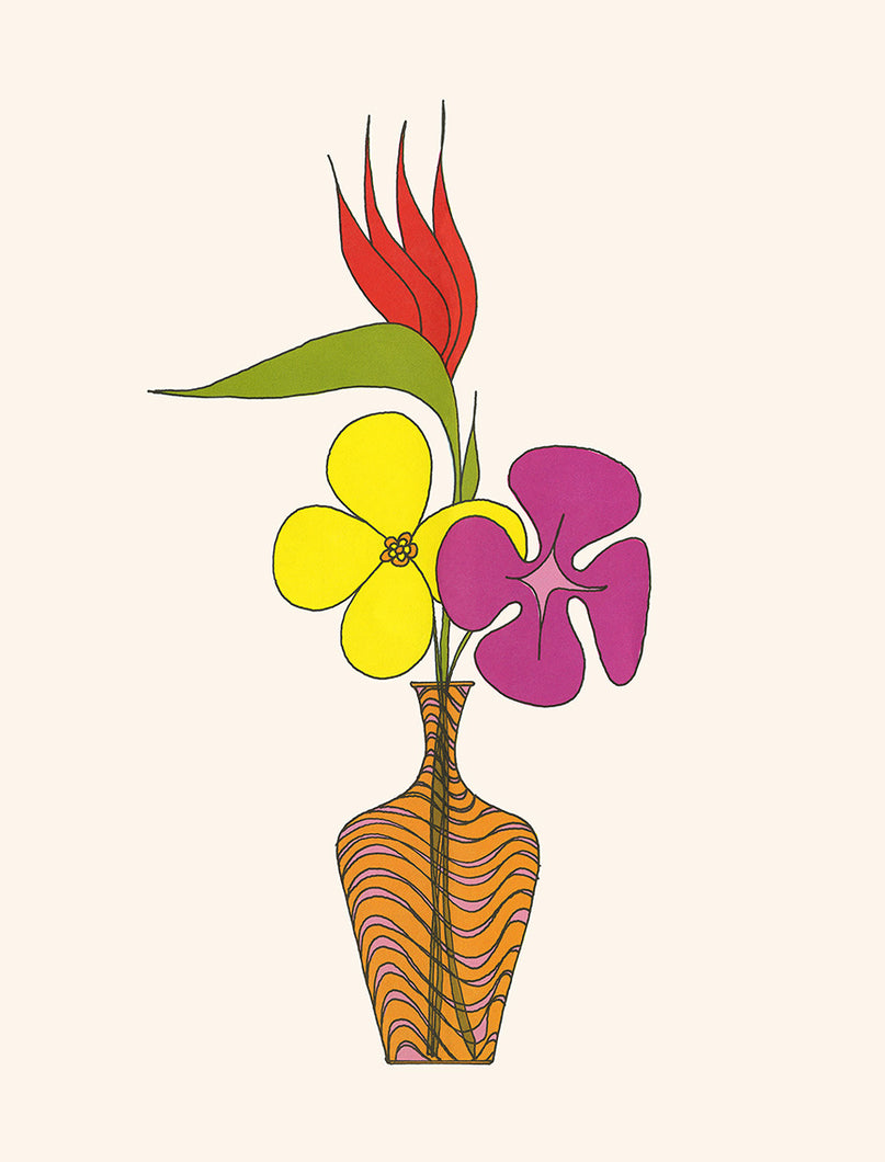  1960's styled flowers in a vase in bold colors of red, yellow, purple, green, and orange. Set against a bone-white background.