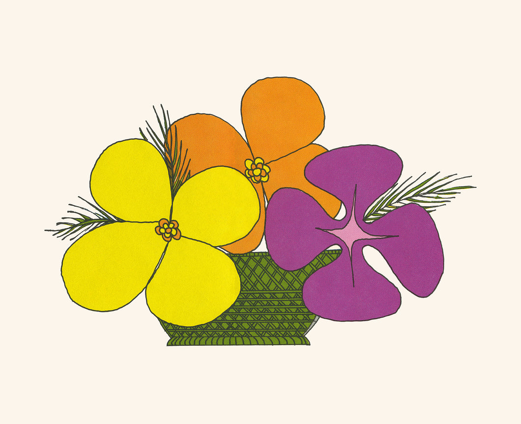 Three vividly-colored flowers in yellow, orange, and purple in a green basket with a bone-colored background.