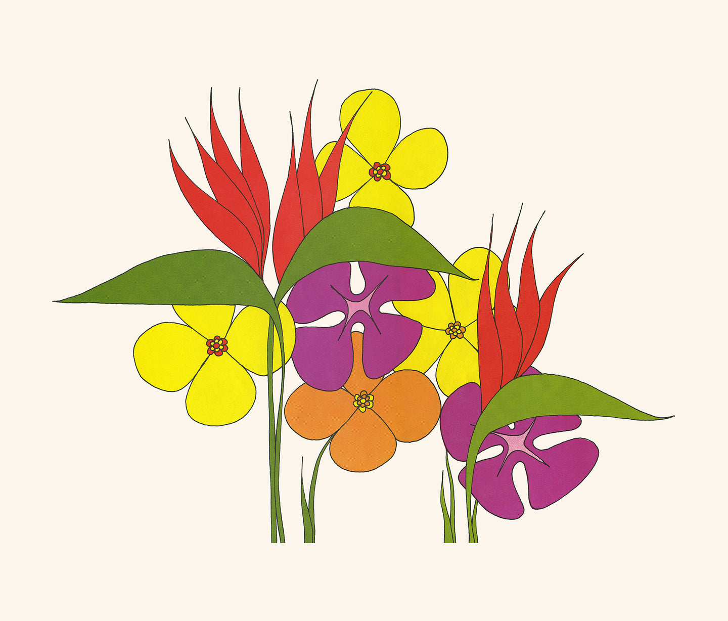 Bold colored flowers and stems in yellow, purple, orange, red, and green standing alone against a bone white background. 