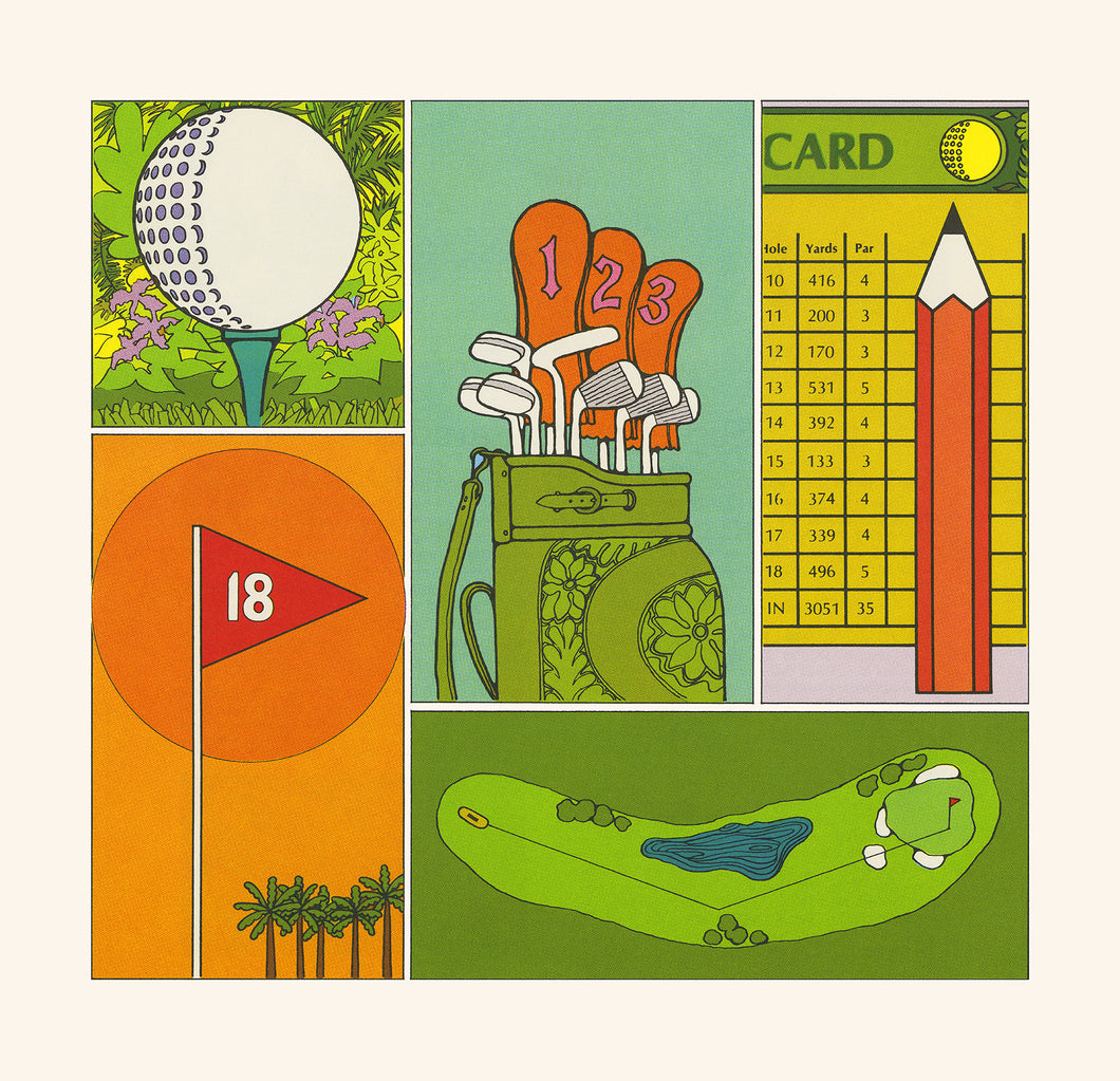 1960's style illustrations of a golf ball, golf clubs in a golf bag, a pencil and scorecard, 18th hole flag, and gold course map in bright colors of orange, green, yellow, and white. Set against a bone-white background.