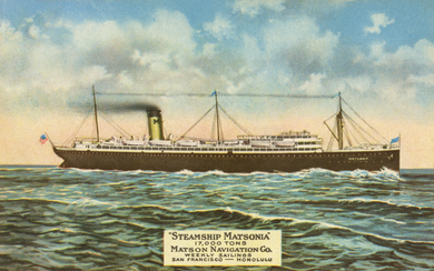 Full color postcard image of the steamship Matsonia sailing on the ocean with clouds overhead.