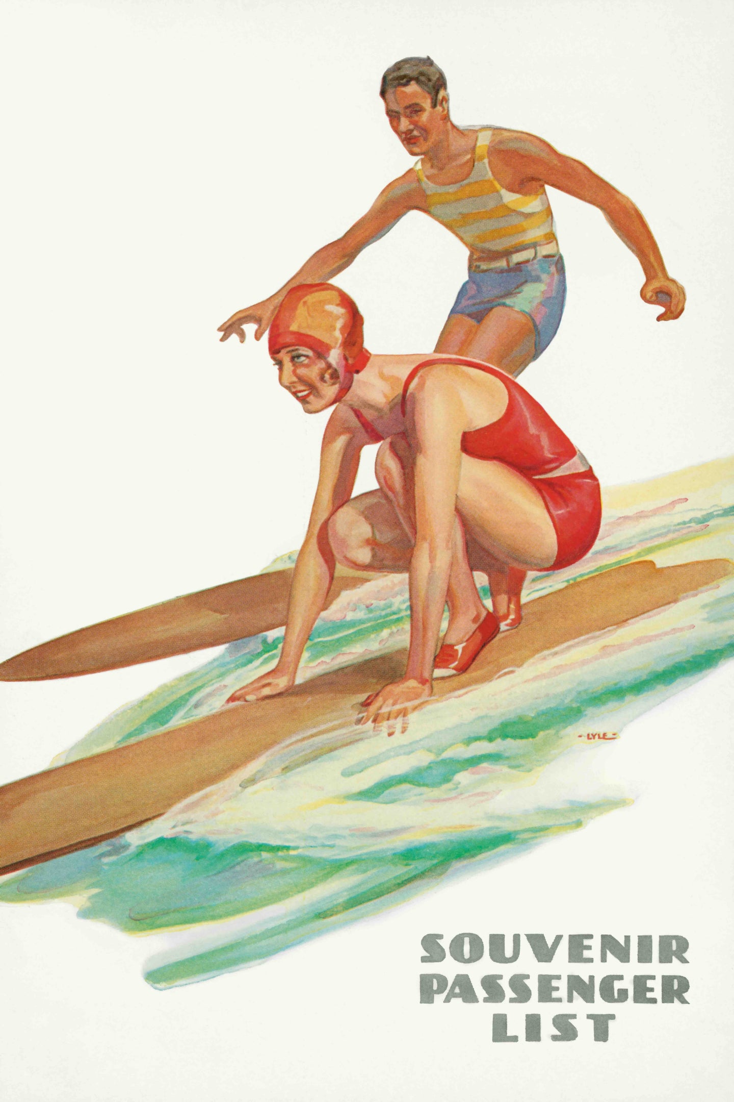 Color illustration on white background of man standing on a surfboard wearing orange striped tank top and blue shorts next a woman in a red two-piece bathing suit and orange bathing cap crouching on her own surfboard riding a wave. 